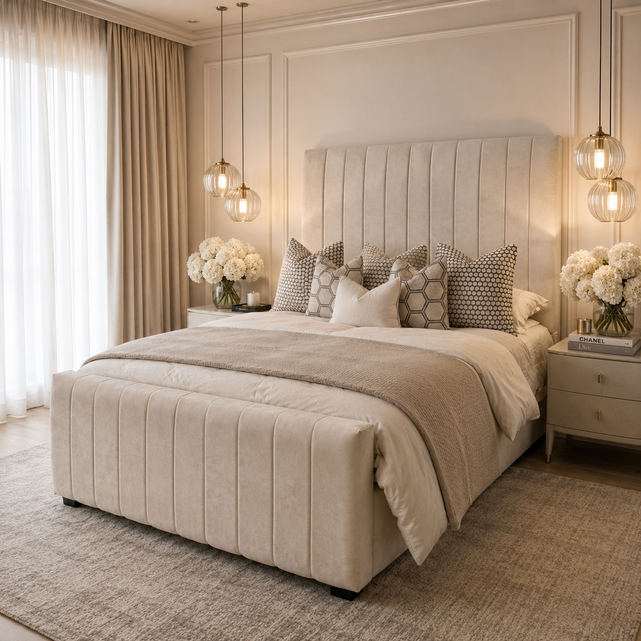 Designer Panel Bed Frame – Soft Fabric Finish, Tall Channel Headboard & Coordinated Footboard