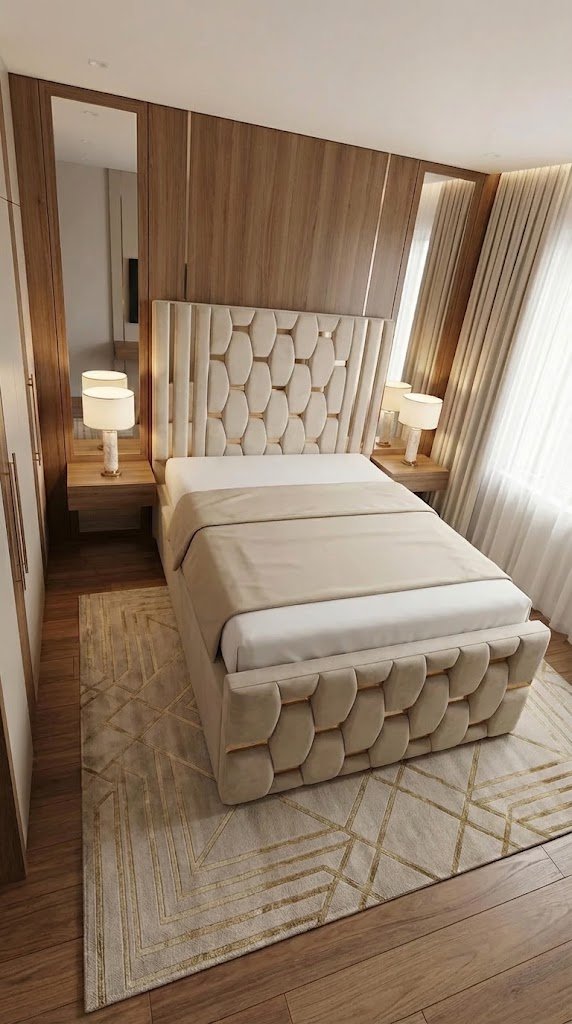 Golden Stripe Upholstered Bed with Geometric Headboard | Modern Bedroom Furniture - Image 3