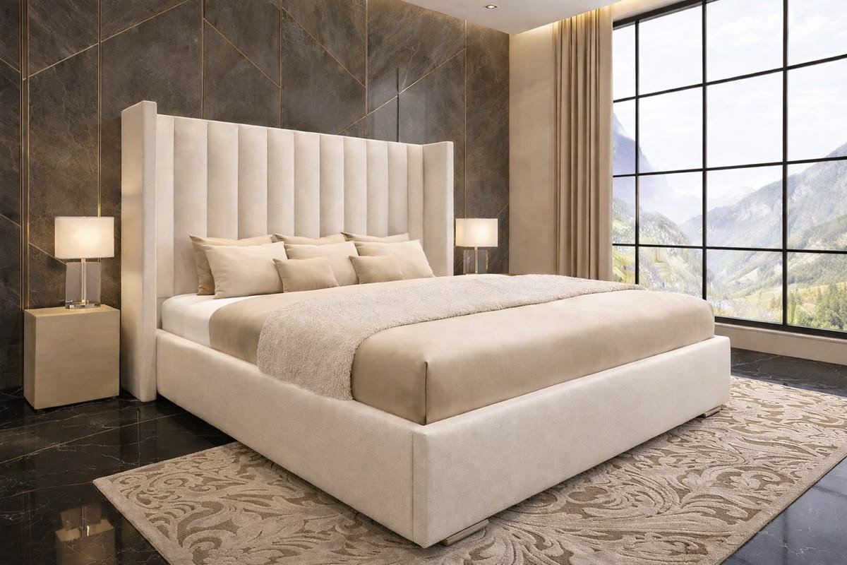 Oxford Luxury Cream Upholstered Bed with Tall Fluted Headboard - Image 4