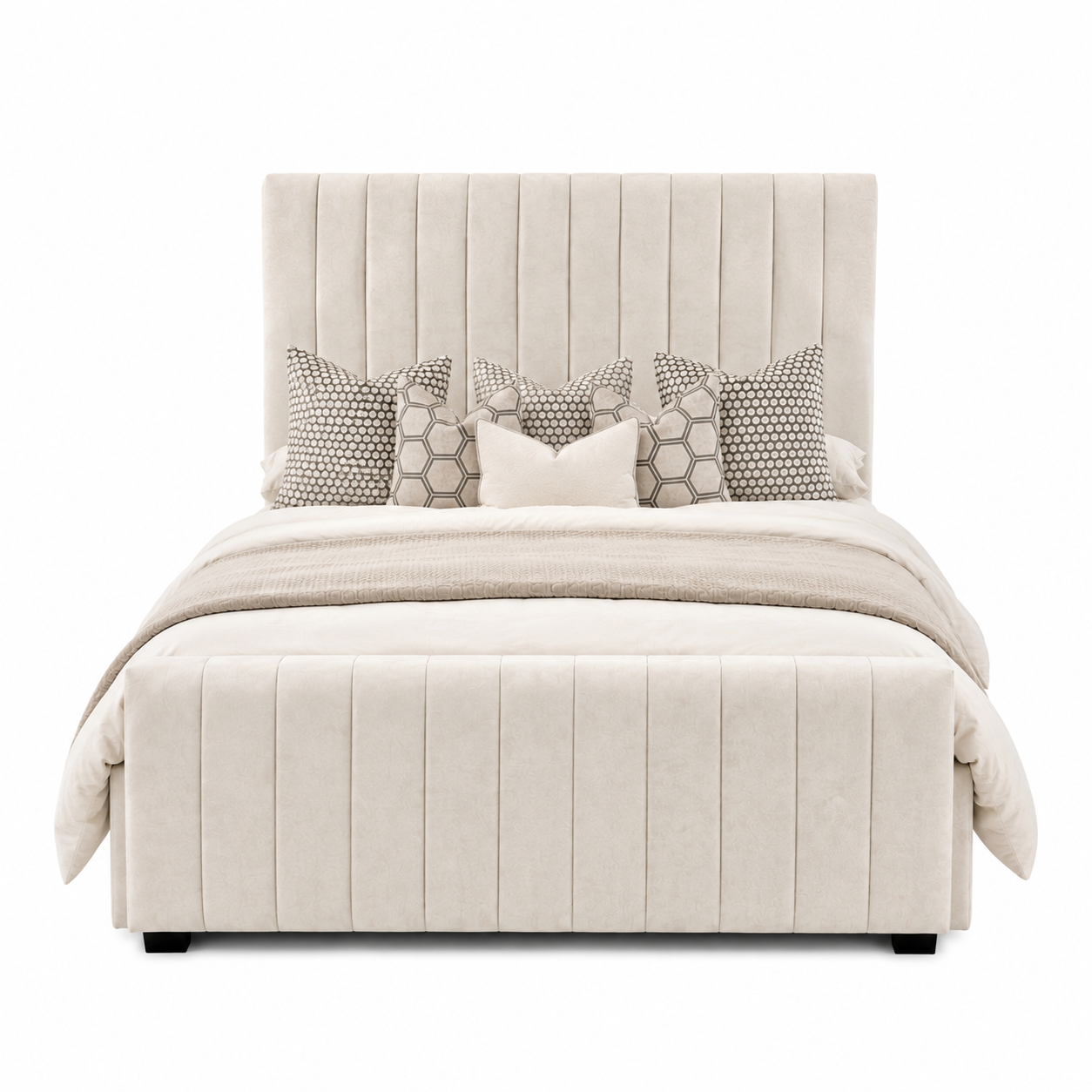 Designer Panel Bed Frame – Soft Fabric Finish, Tall Channel Headboard & Coordinated Footboard - Image 2
