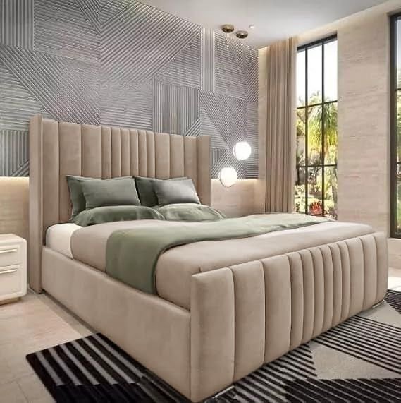 Grey Velvet Modern Winged Lines Ottoman Storage Bed Frame UK - Image 10