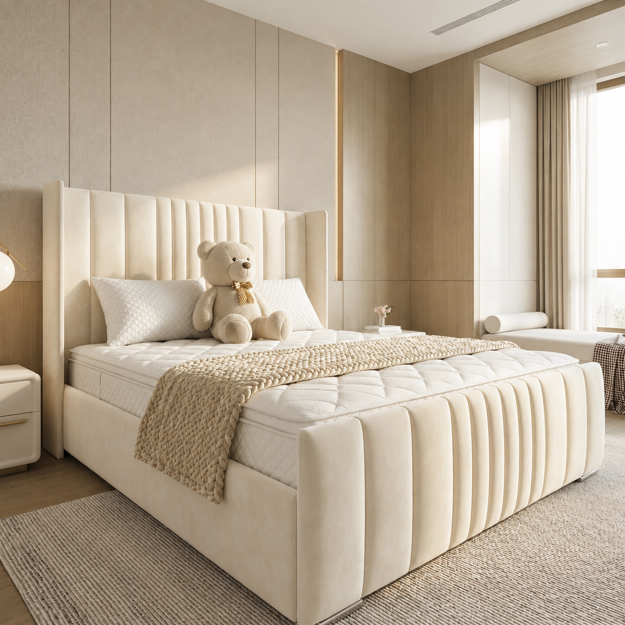 Grey Velvet Modern Winged Lines Ottoman Storage Bed Frame UK - Image 3