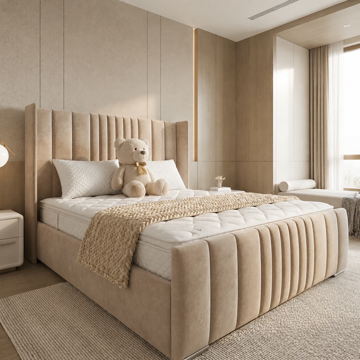 Grey Velvet Modern Winged Lines Ottoman Storage Bed Frame UK - Image 5