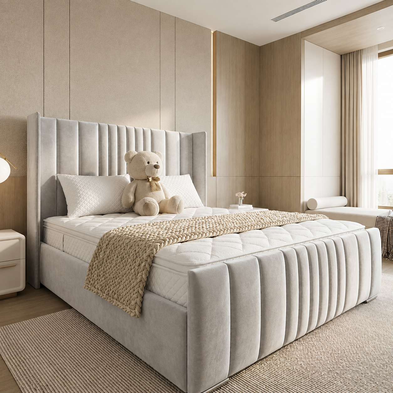 Grey Velvet Modern Winged Lines Ottoman Storage Bed Frame UK - Image 7