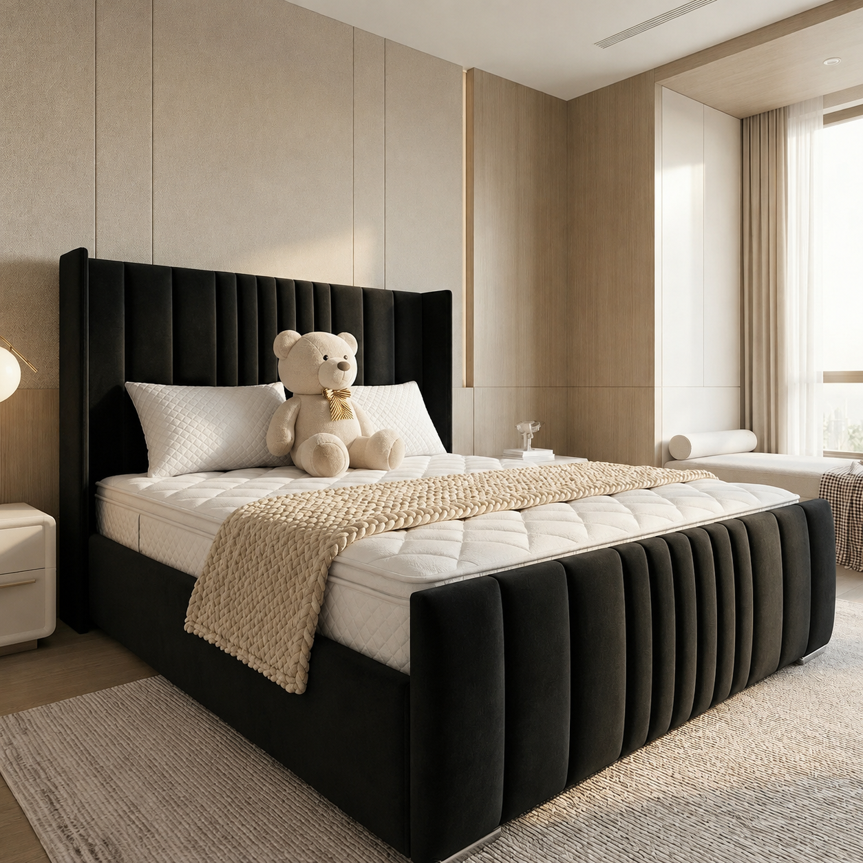Grey Velvet Modern Winged Lines Ottoman Storage Bed Frame UK - Image 9