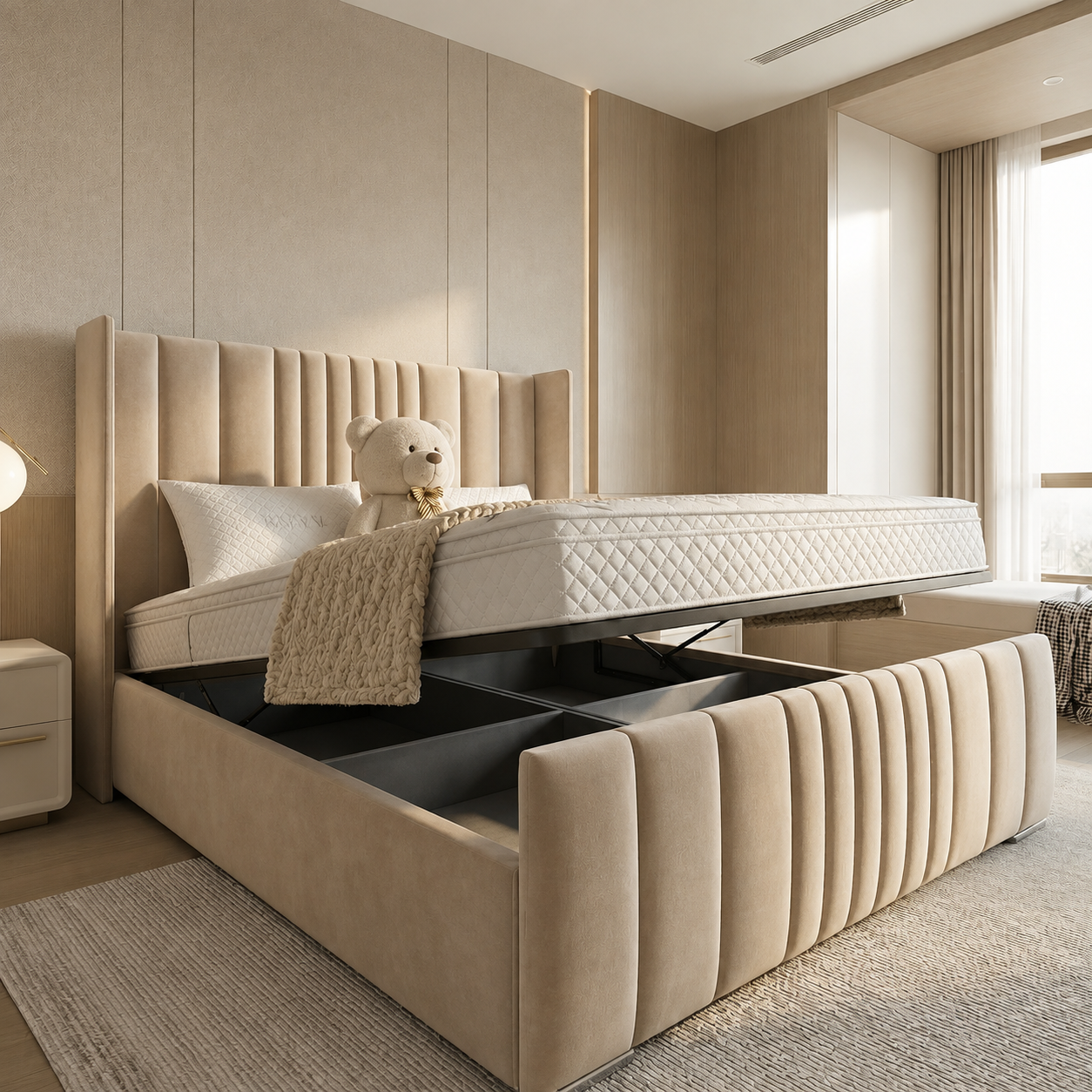 Grey Velvet Modern Winged Lines Ottoman Storage Bed Frame UK - Image 6