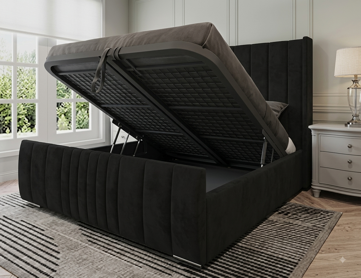Grey Velvet Modern Winged Lines Ottoman Storage Bed Frame UK - Image 14