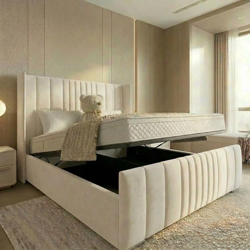 Grey Velvet Modern Winged Lines Ottoman Storage Bed Frame UK - Image 4