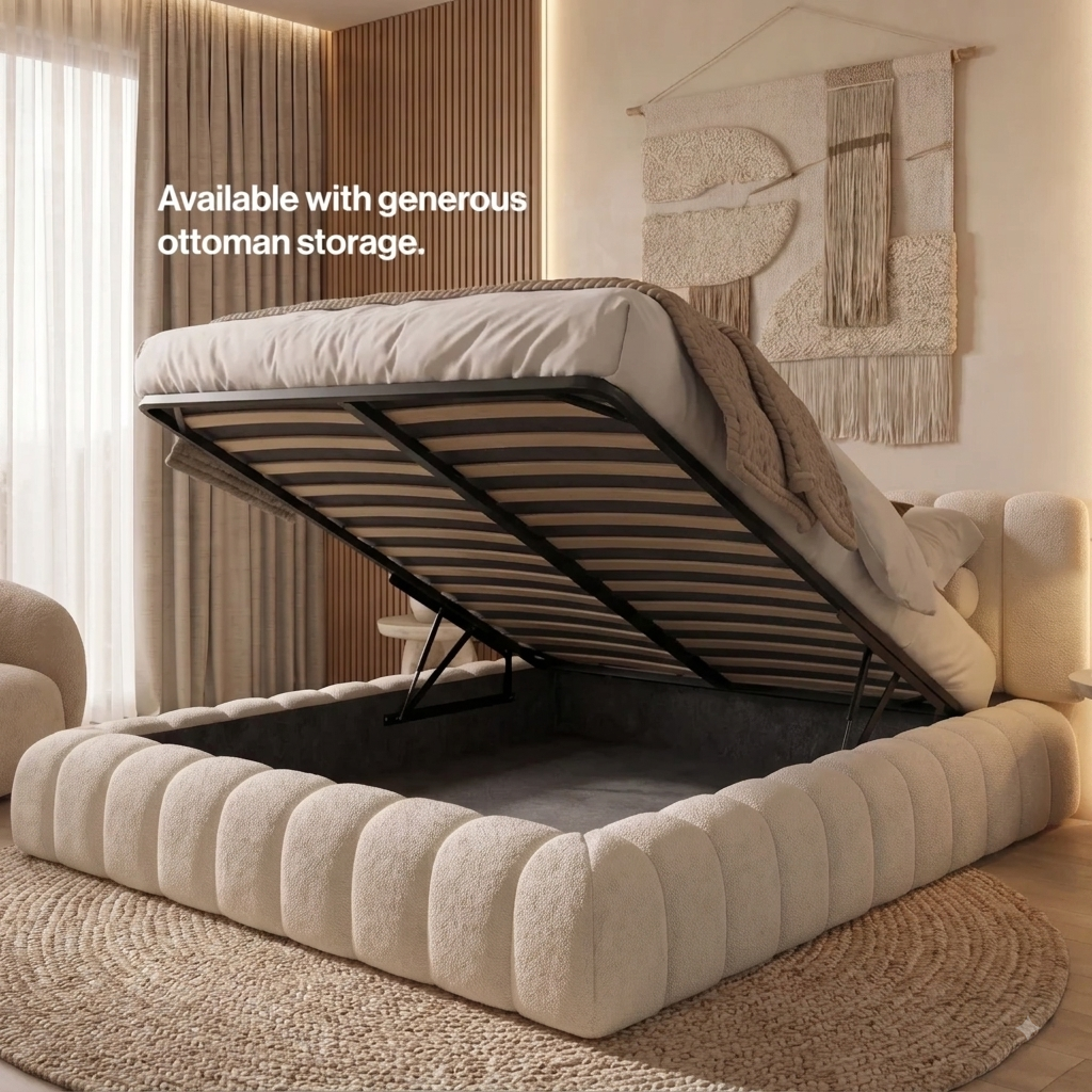 2026 Teddy Boucle Cloud Upholstered Bed – Modern Fabric Ottoman Storage Bed - Image 4
