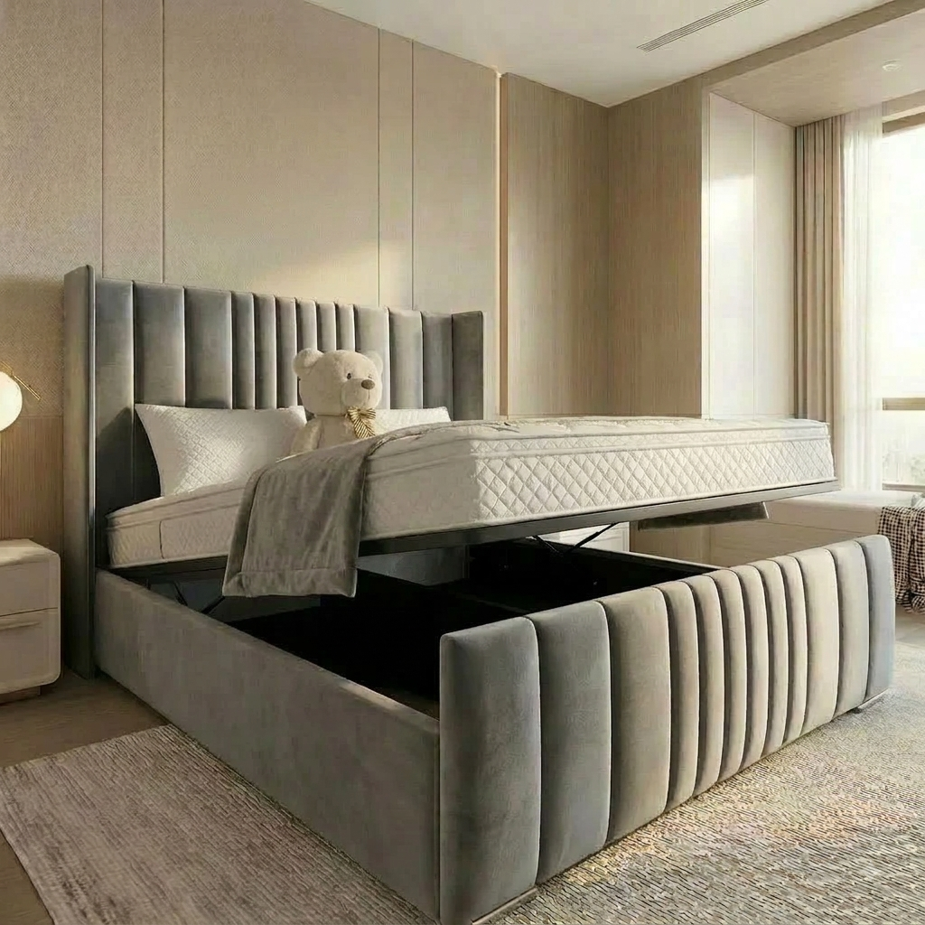 Grey Velvet Modern Winged Lines Ottoman Storage Bed Frame UK - Image 2