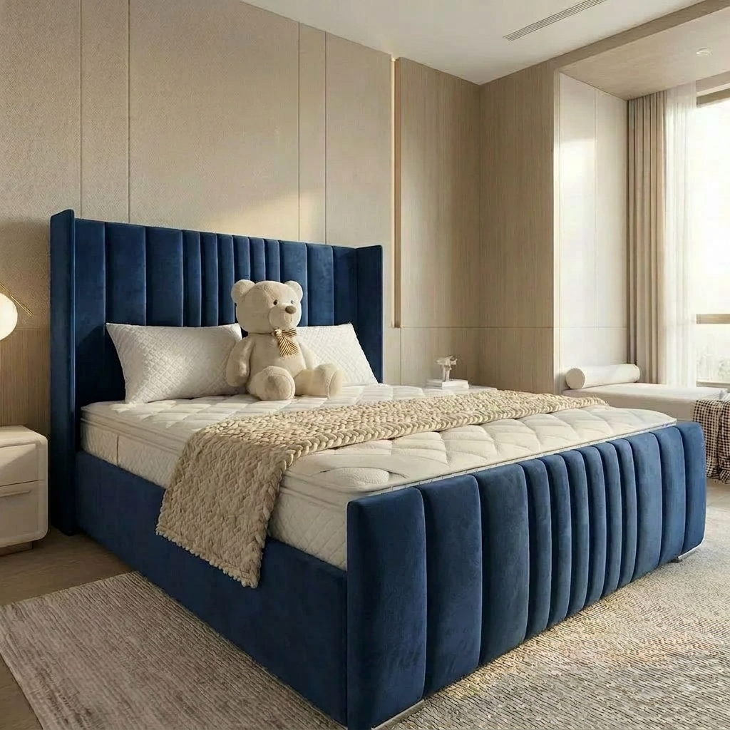 Grey Velvet Modern Winged Lines Ottoman Storage Bed Frame UK - Image 8