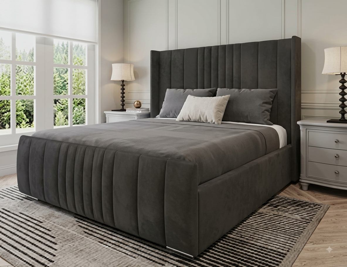 Grey Velvet Modern Winged Lines Ottoman Storage Bed Frame UK - Image 12