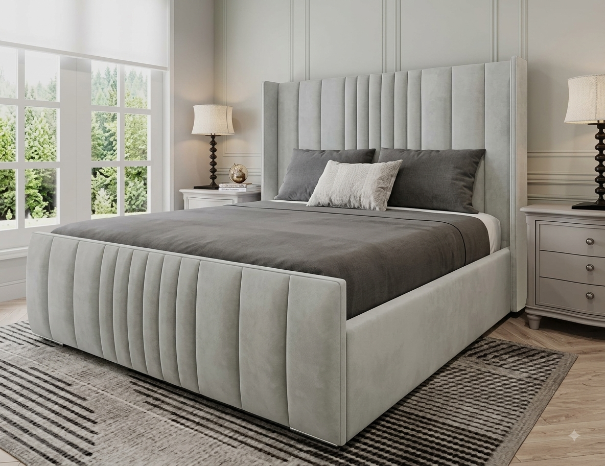 Grey Velvet Modern Winged Lines Ottoman Storage Bed Frame UK - Image 11