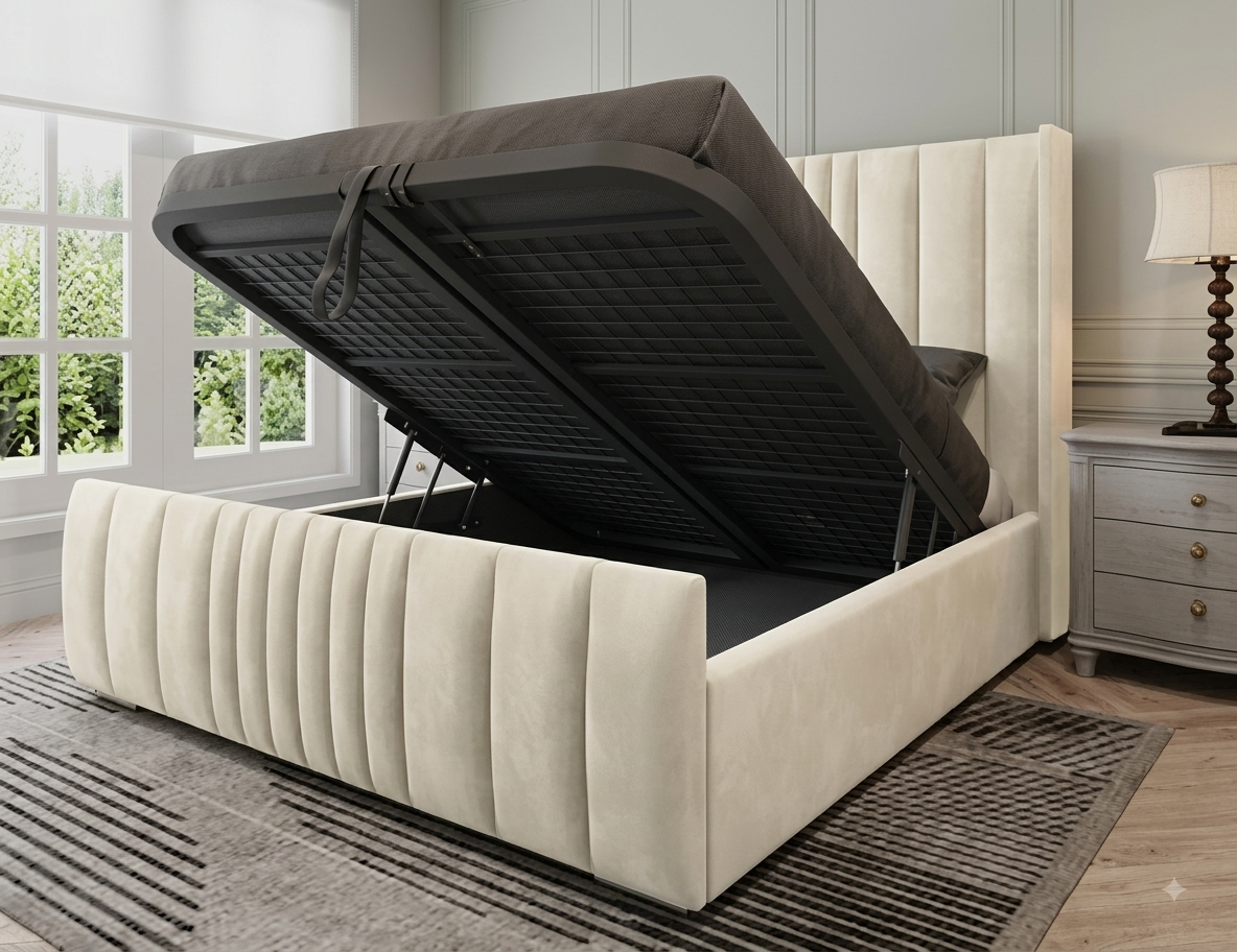 Grey Velvet Modern Winged Lines Ottoman Storage Bed Frame UK - Image 13