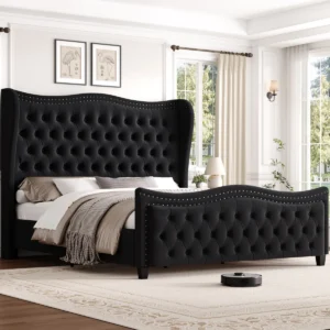 Contemporary Fabric Bed Frame with Padded Panel Headboard