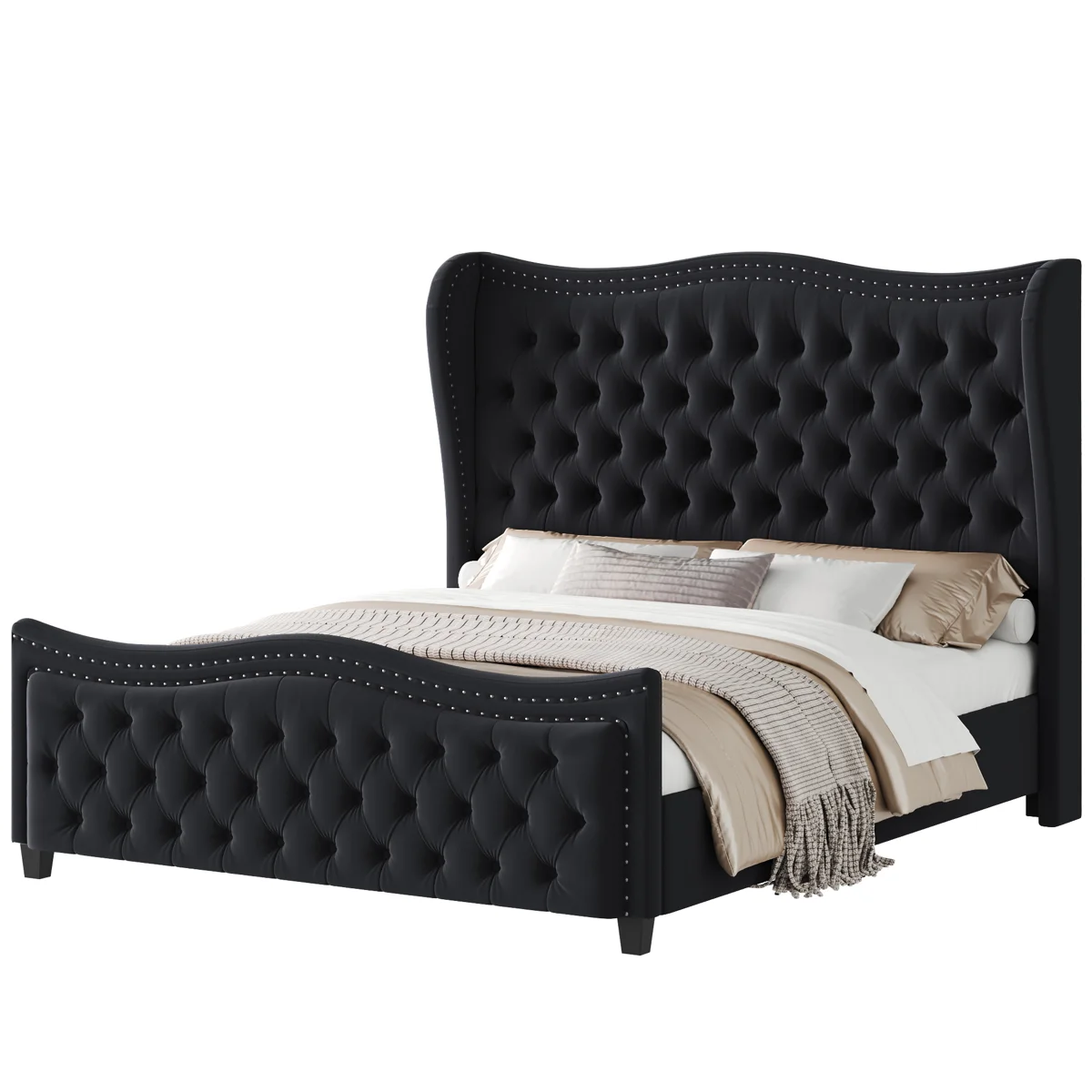 Contemporary Fabric Bed Frame with Padded Panel Headboard - Image 9