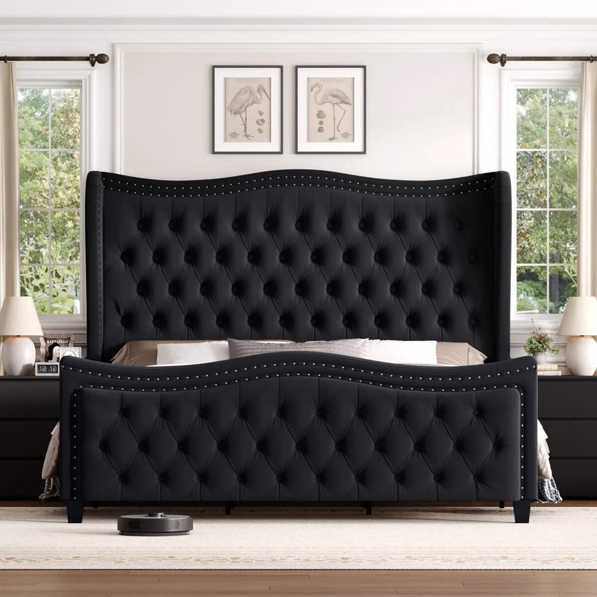 Contemporary Fabric Bed Frame with Padded Panel Headboard