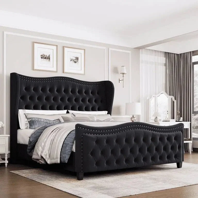 Contemporary Fabric Bed Frame with Padded Panel Headboard - Image 3