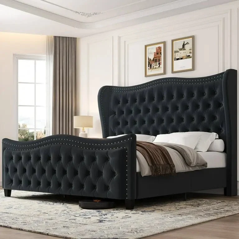 Contemporary Fabric Bed Frame with Padded Panel Headboard - Image 4