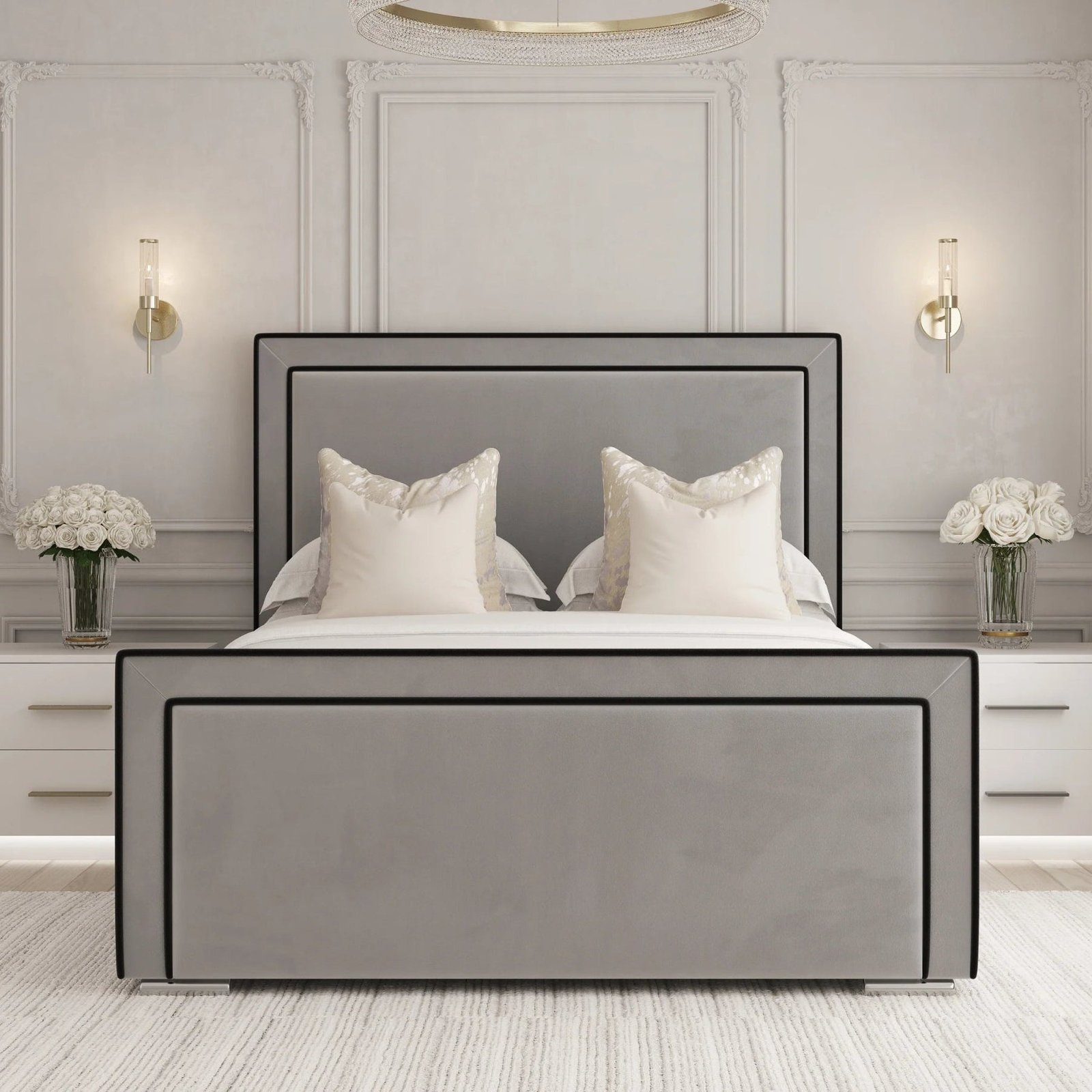 5ft King Grey Upholstered Bed Frame with Black Trim – Statement Bedroom Furniture