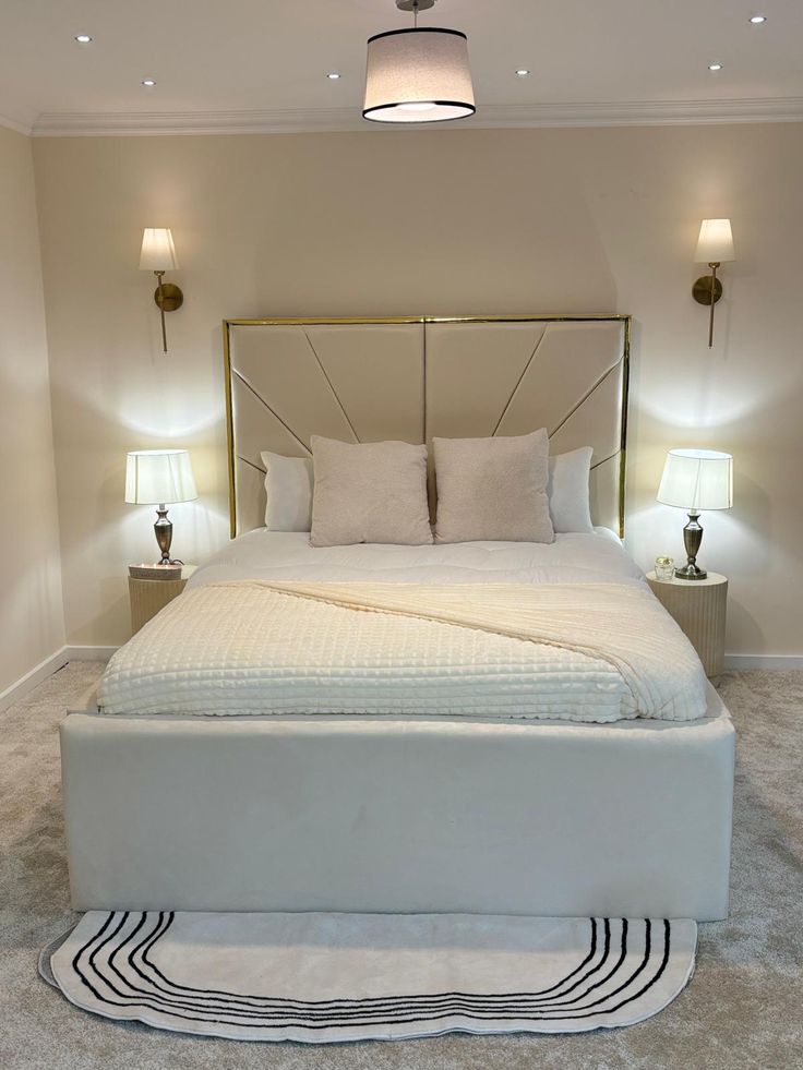 Premium Bed Frame – Designer Padded Headboard with Gold Line Finish