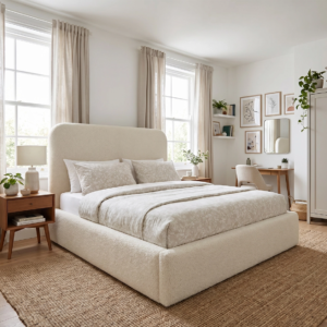 Cream Boucle Round Headboard  Bed Frame Gas lift Storage