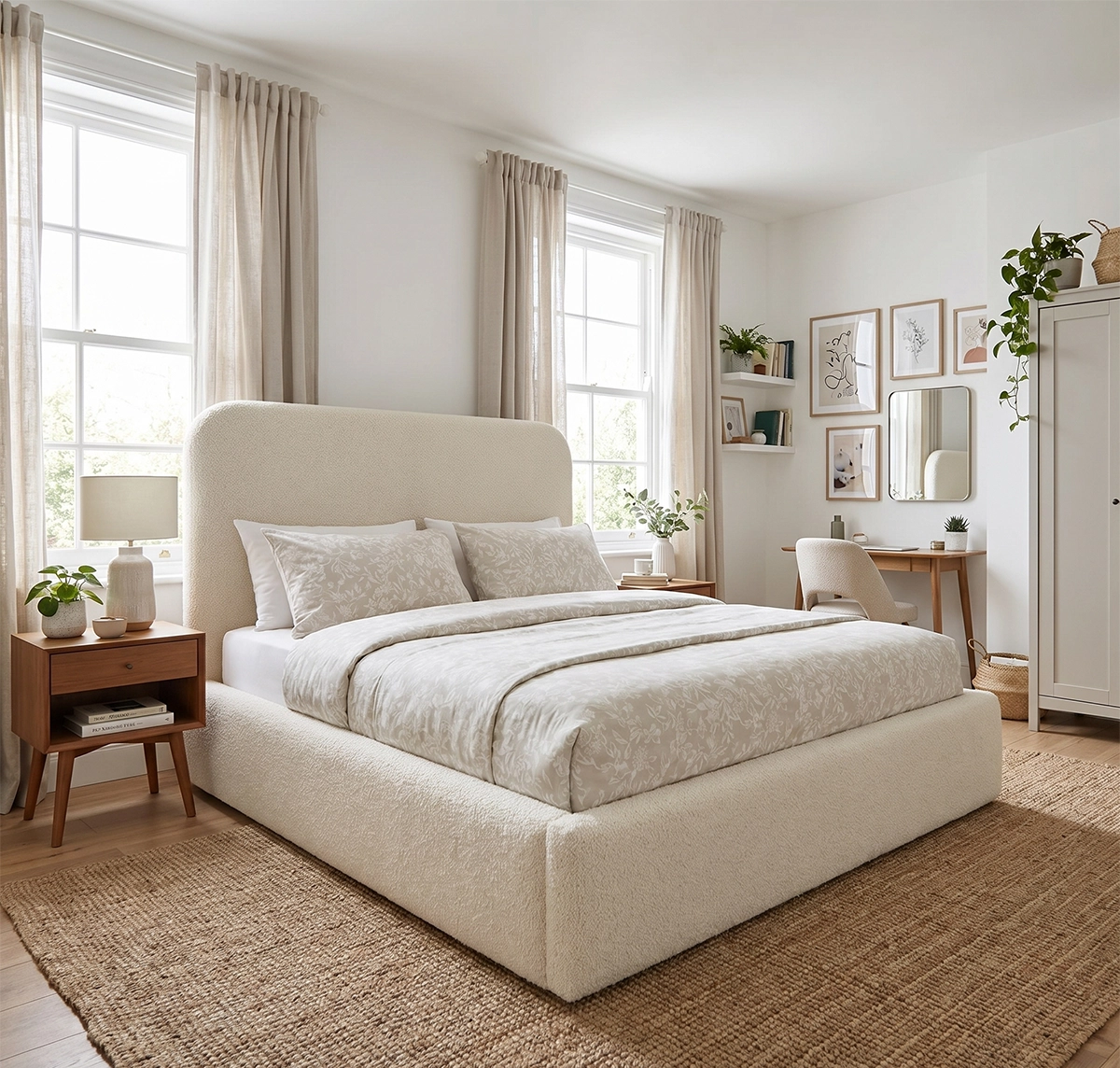 Cream Boucle Round Headboard Bed Frame Gas lift Storage