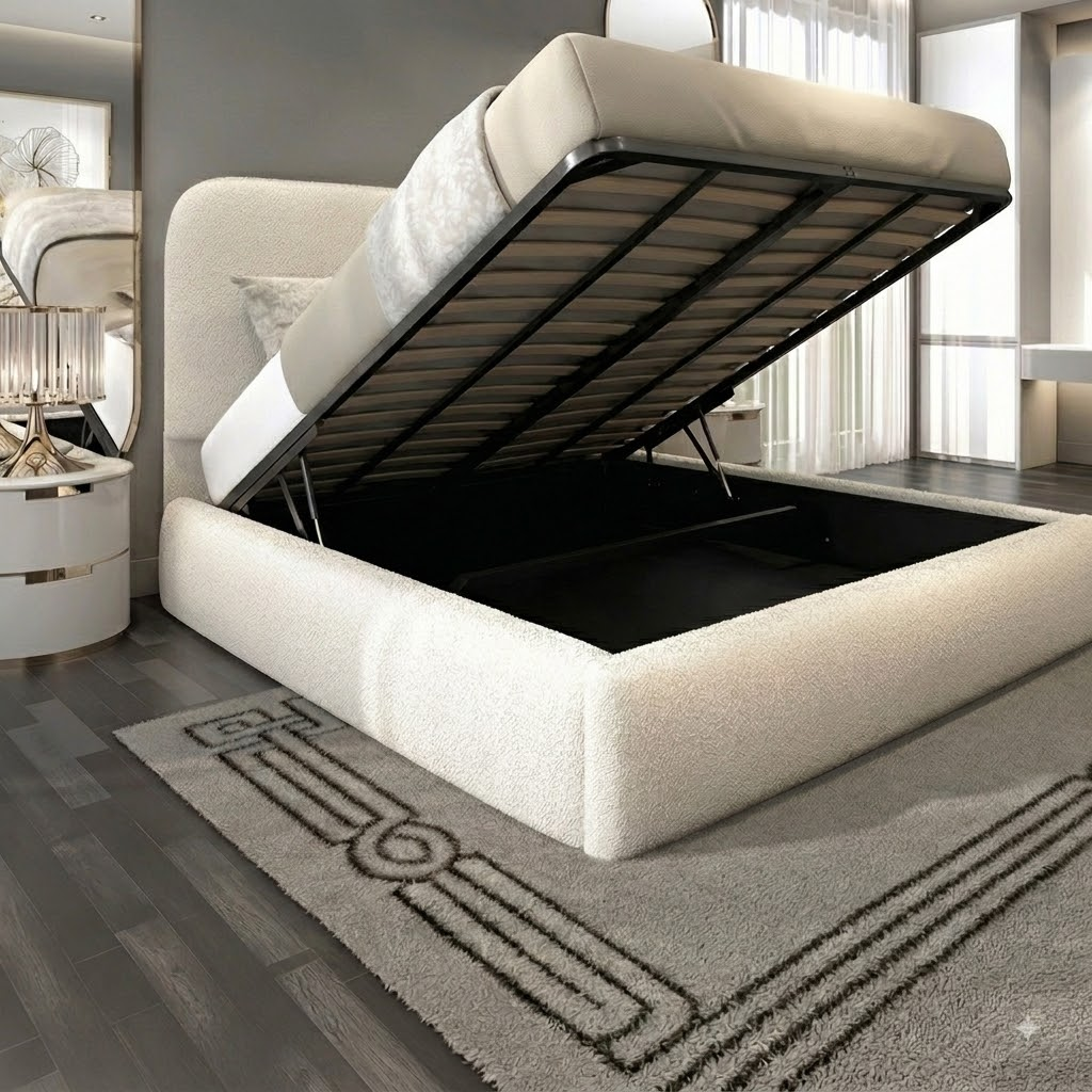 Cream Boucle Round Headboard Bed Frame Gas lift Storage - Image 4