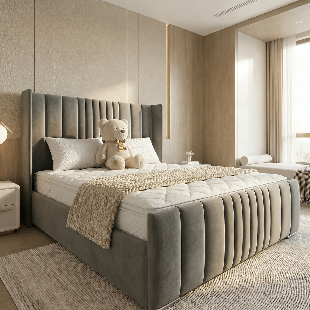 Grey Velvet Modern Winged Lines Ottoman Storage Bed Frame UK