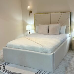 Premium Bed Frame – Designer Padded Headboard with Gold Line Finish