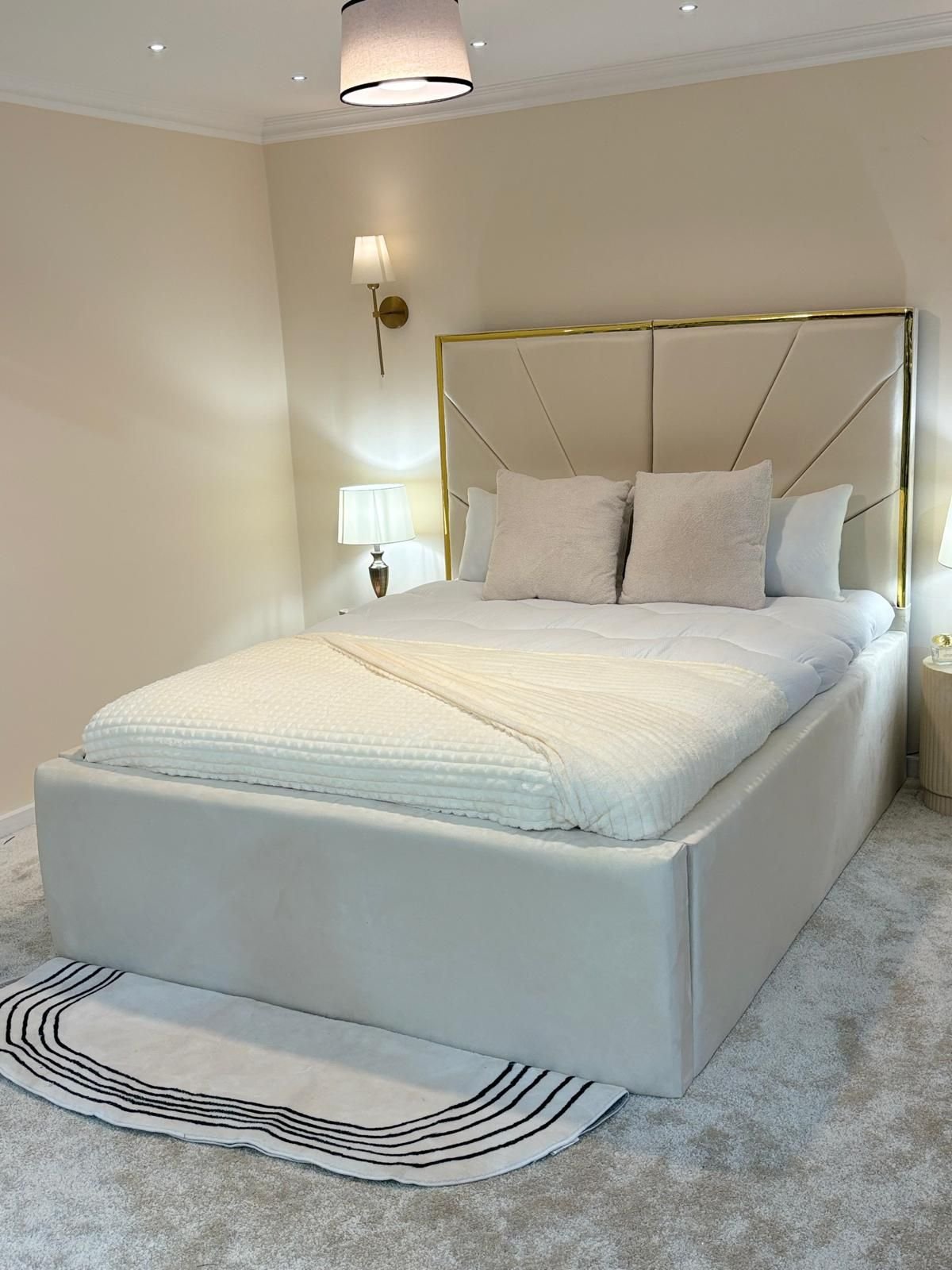 Premium Bed Frame – Designer Padded Headboard with Gold Line Finish