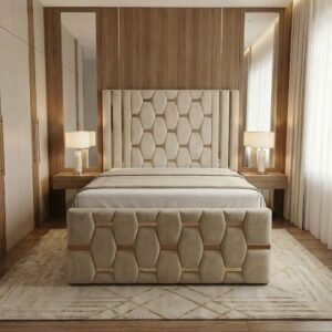 Golden Stripe Upholstered Bed with Geometric Headboard | Modern Bedroom Furniture