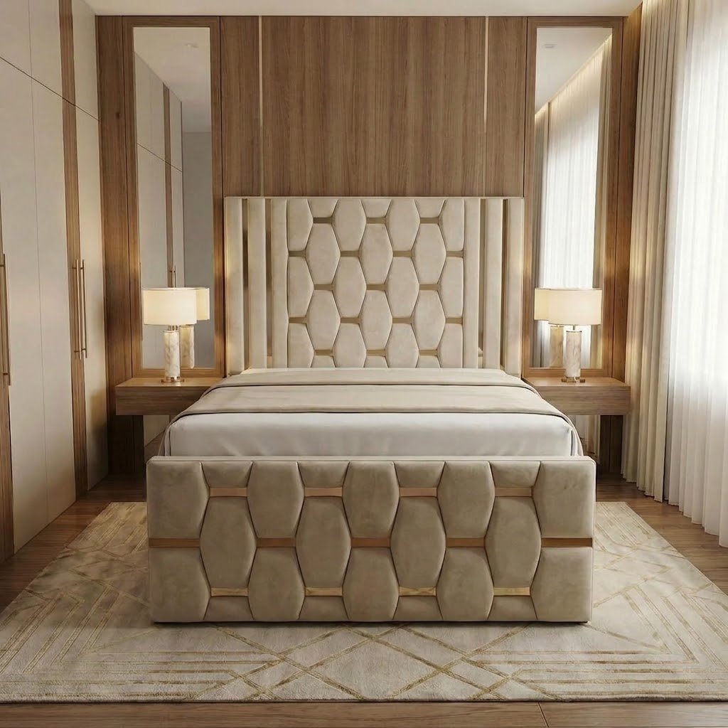 Golden Stripe Upholstered Bed with Geometric Headboard | Modern Bedroom Furniture