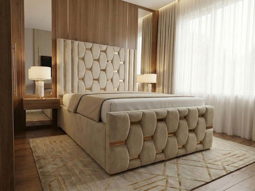 Golden Stripe Upholstered Bed with Geometric Headboard | Modern Bedroom Furniture