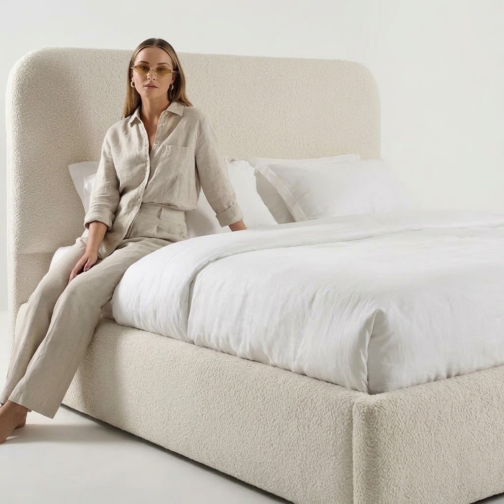 Cream Boucle Round Headboard Bed Frame Gas lift Storage - Image 5