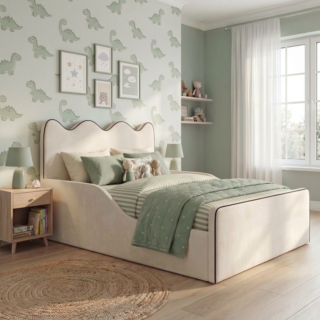Castle Upholstered Kids Bed Frame with Built-in Safety Sides