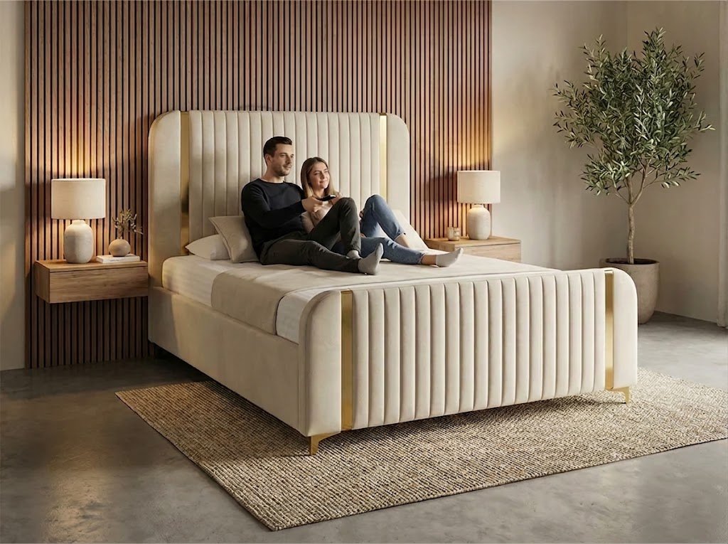 Opera Mirror Bed with Ottoman Storage, Headboard and Mattress