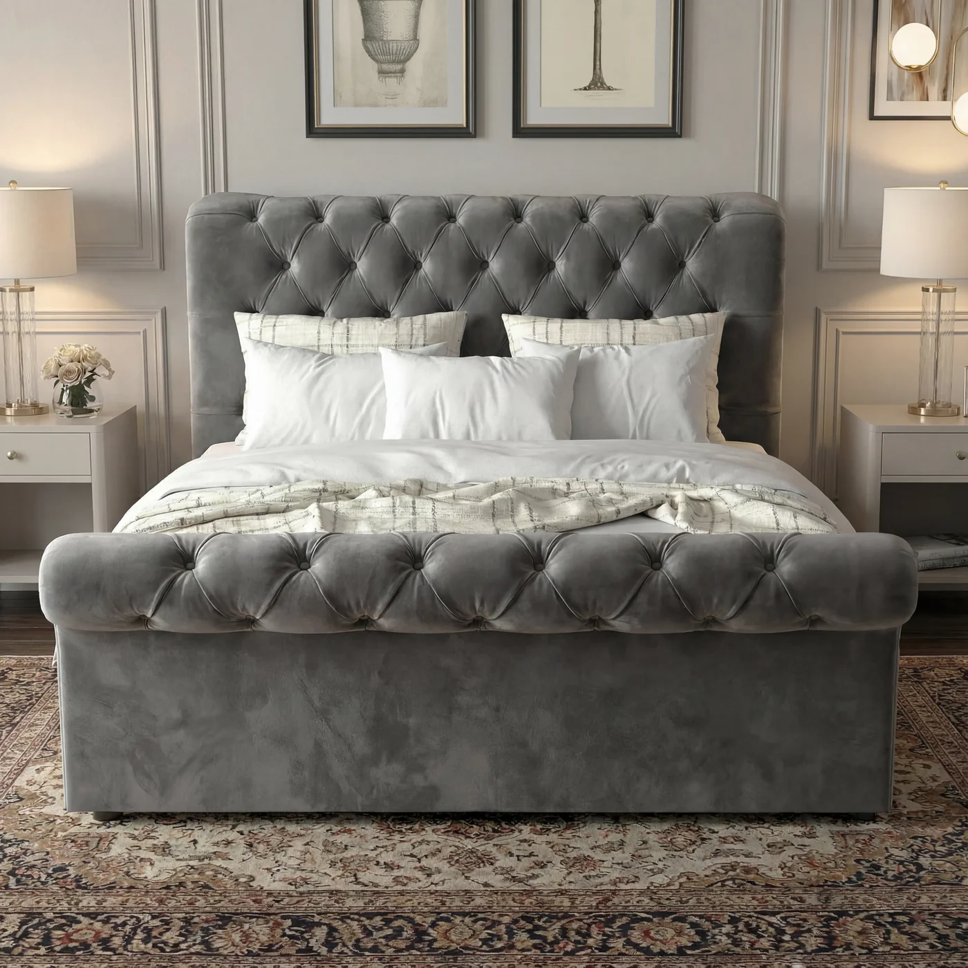 SLEIGH CHESTERFIELD TUFTED HEADBOARD BED - Image 7