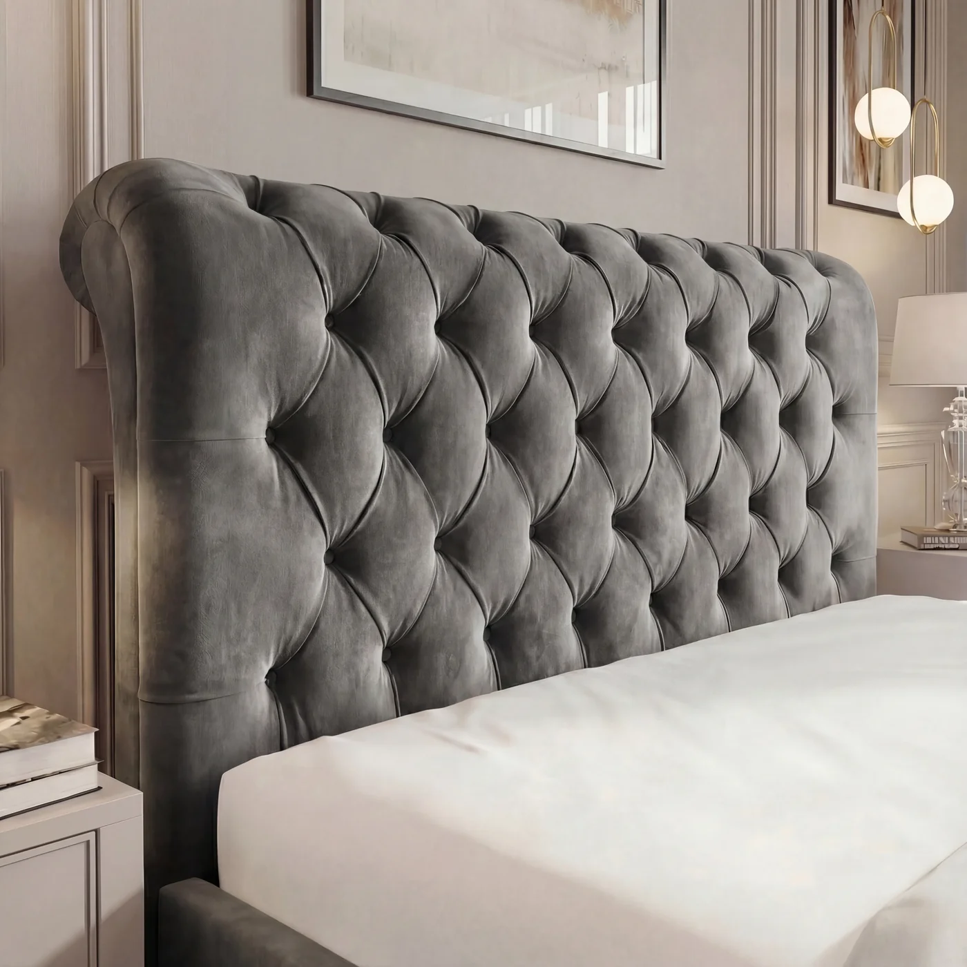 SLEIGH CHESTERFIELD TUFTED HEADBOARD BED - Image 6