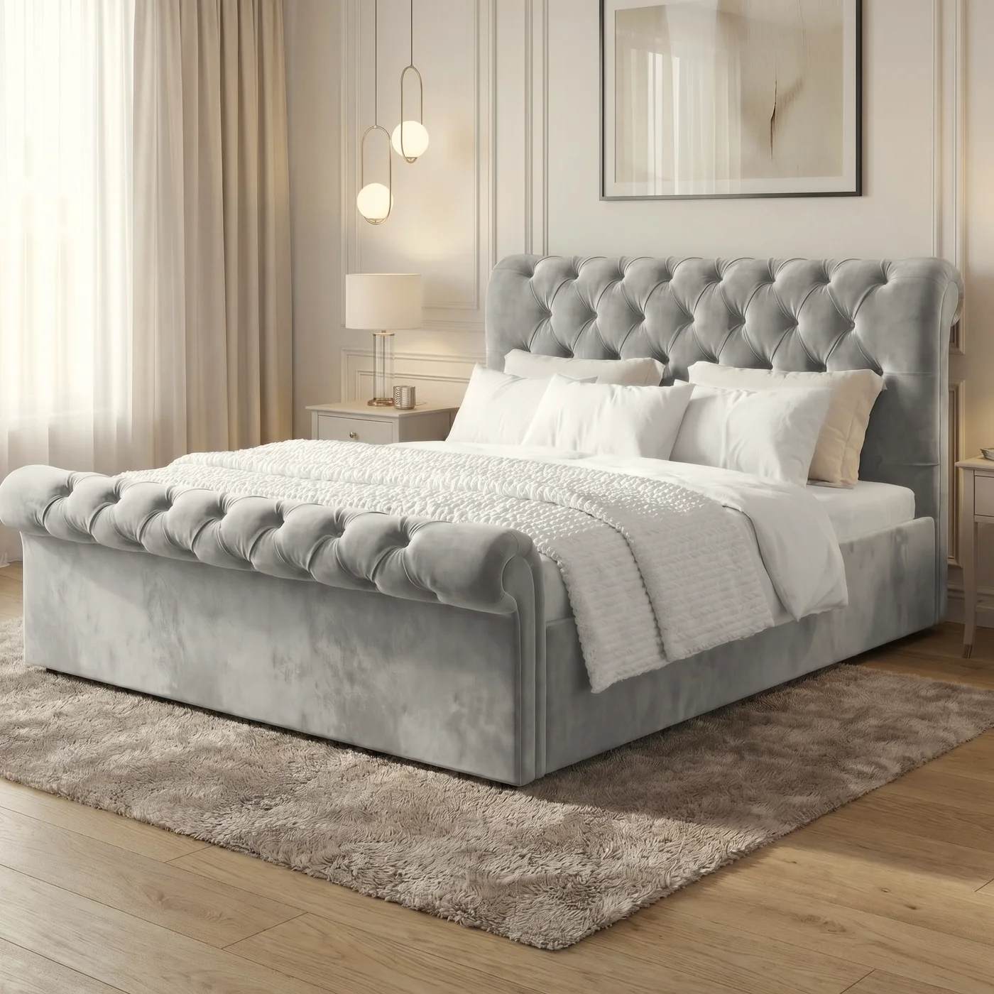 SLEIGH CHESTERFIELD TUFTED HEADBOARD BED - Image 12
