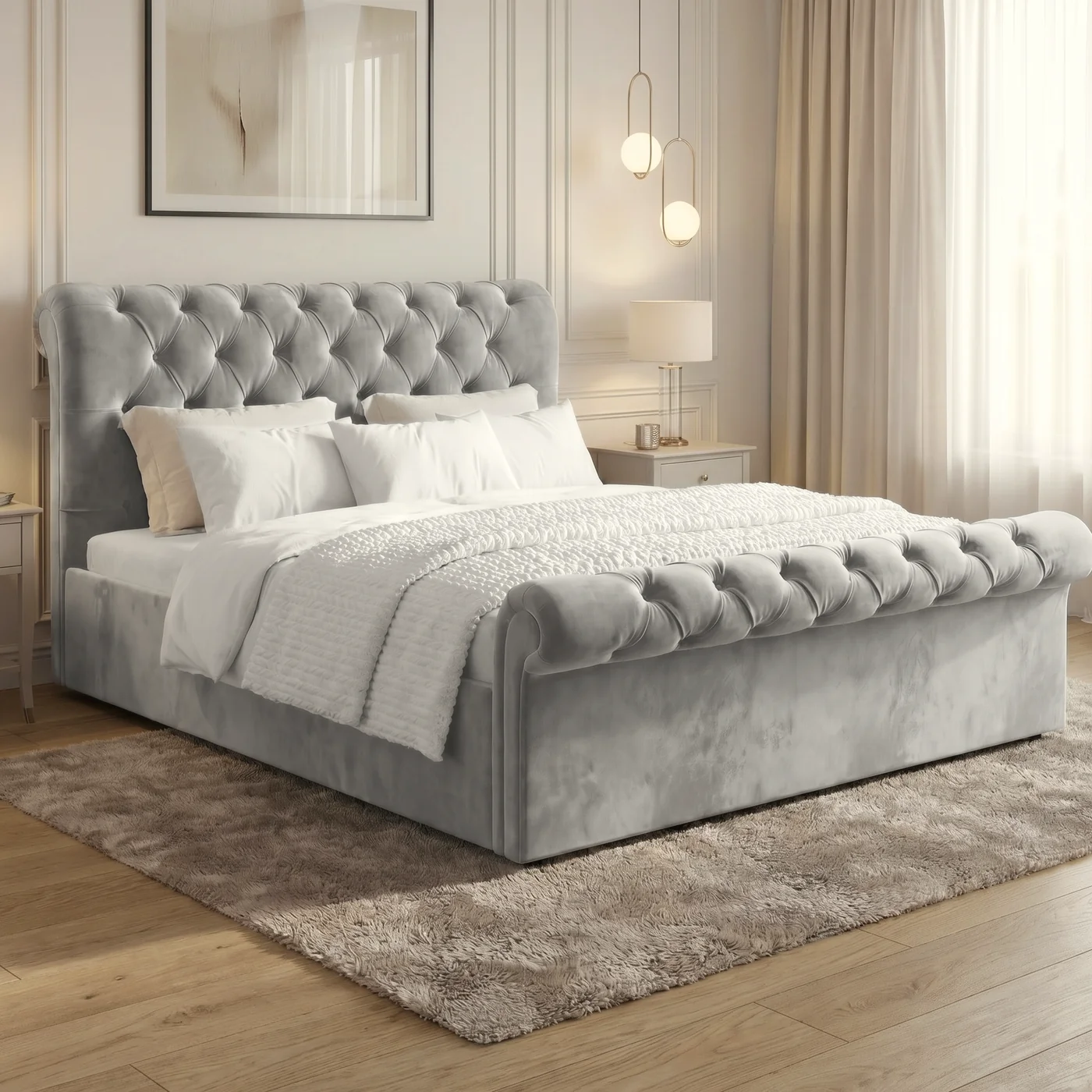 SLEIGH CHESTERFIELD TUFTED HEADBOARD BED - Image 9