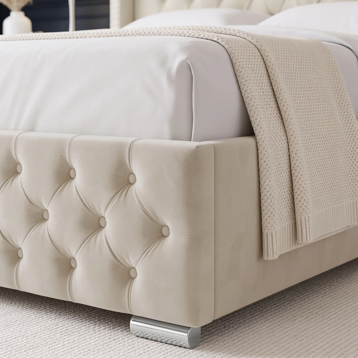 Wingback Studs Button Chesterfield Style Plush Velvet Bed - Image 8