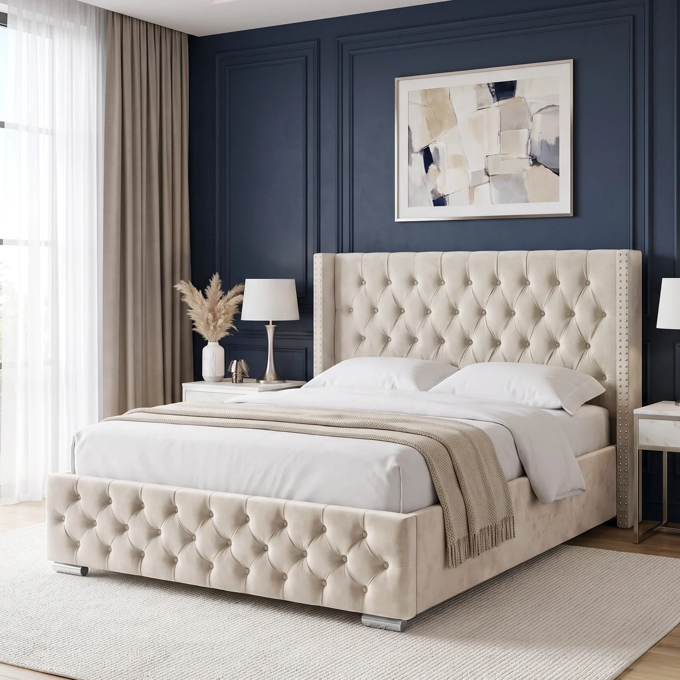 Wingback Studs Button Chesterfield Style Plush Velvet Bed - Image 5