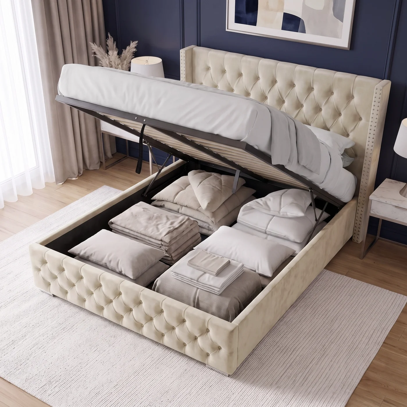 Wingback Studs Button Chesterfield Style Plush Velvet Bed - Image 6