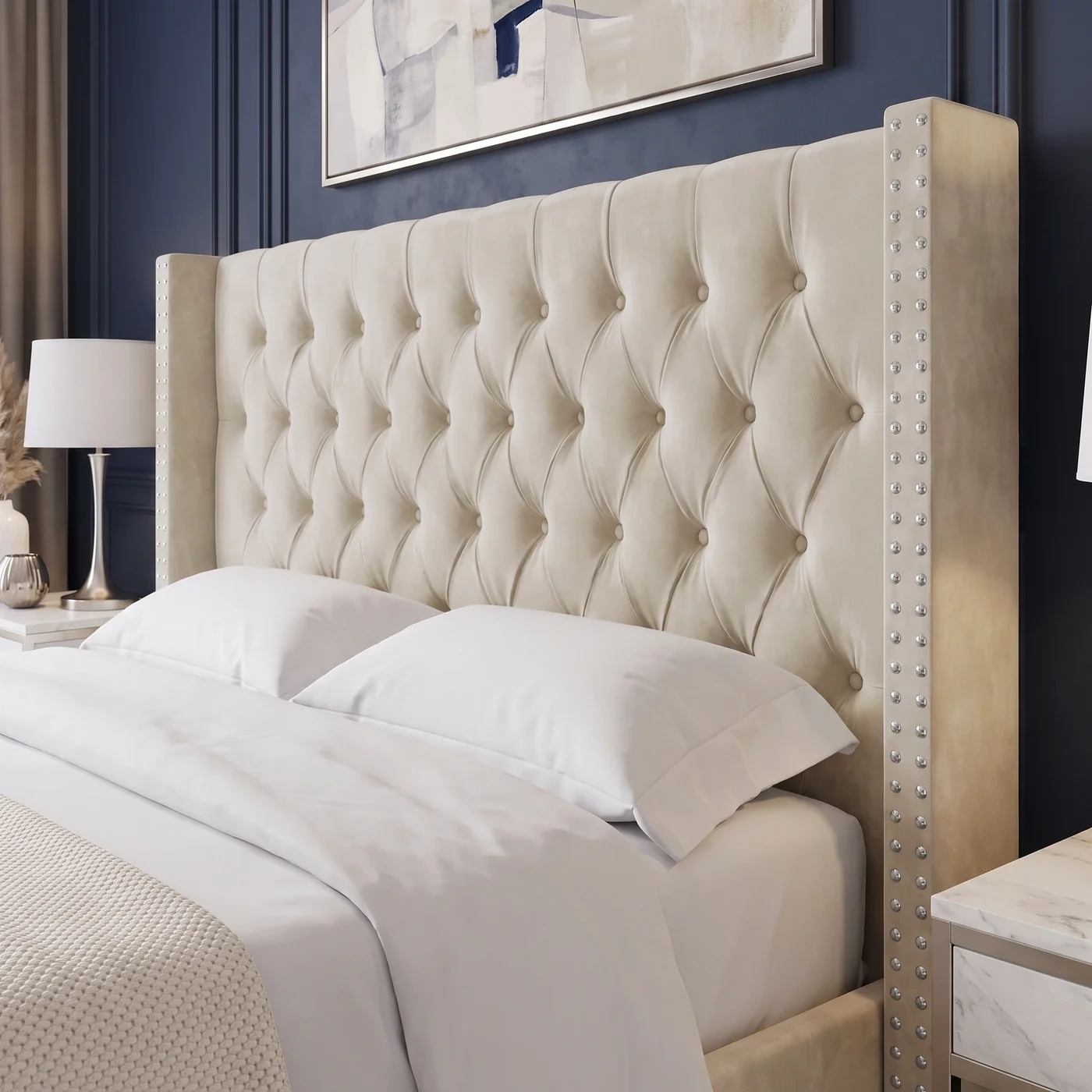 Wingback Studs Button Chesterfield Style Plush Velvet Bed - Image 7