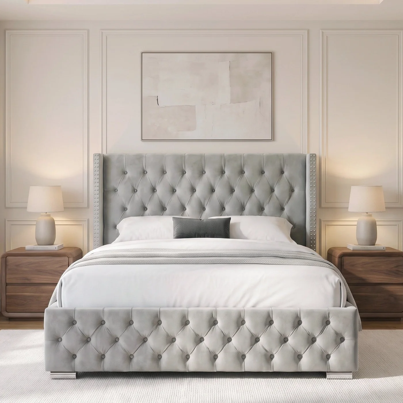 Wingback Studs Button Chesterfield Style Plush Velvet Bed - Image 3