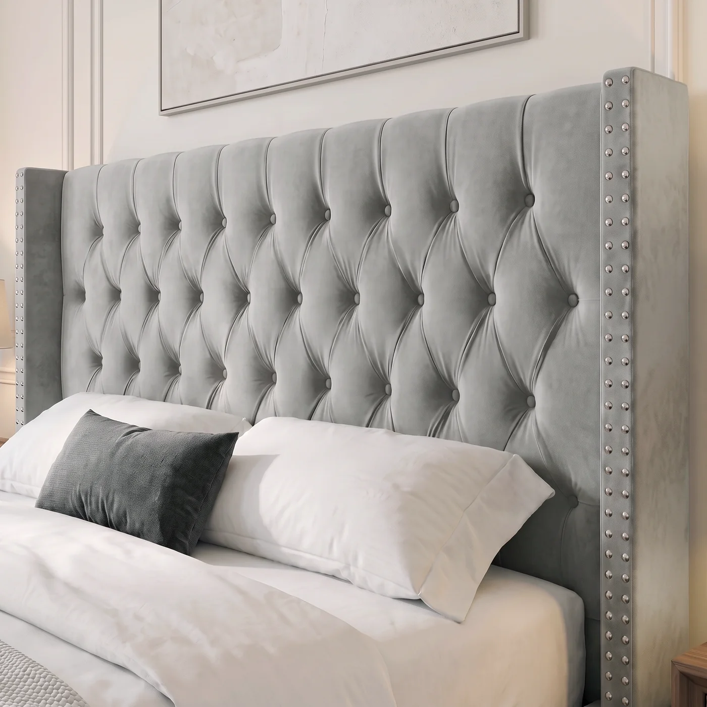 Wingback Studs Button Chesterfield Style Plush Velvet Bed - Image 4