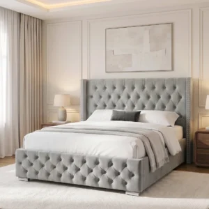 Wingback Studs Button Chesterfield Style Plush Velvet Bed
