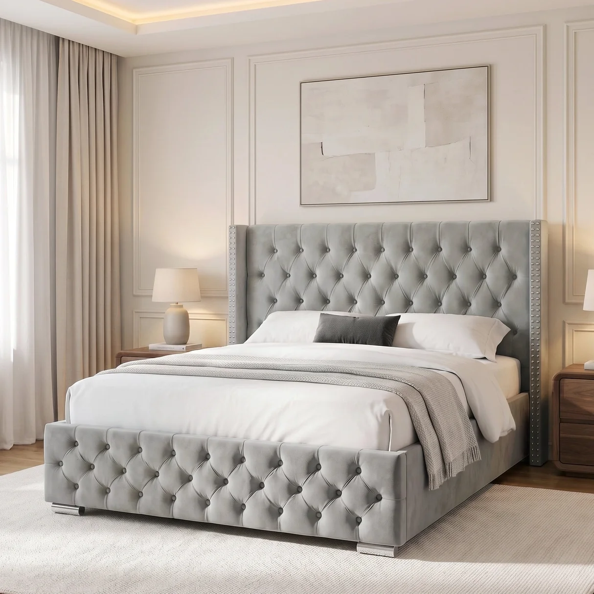 Wingback Studs Button Chesterfield Style Plush Velvet Bed