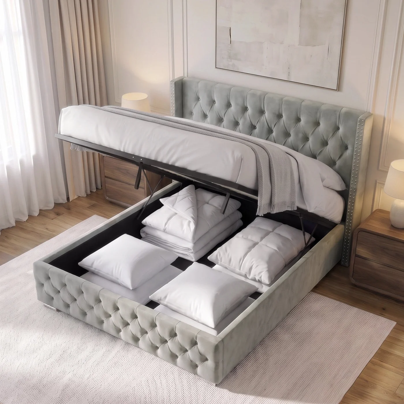 Wingback Studs Button Chesterfield Style Plush Velvet Bed